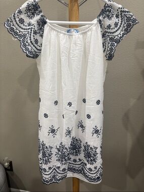 Embroidered White Midi Dress with Navy Floral Detail